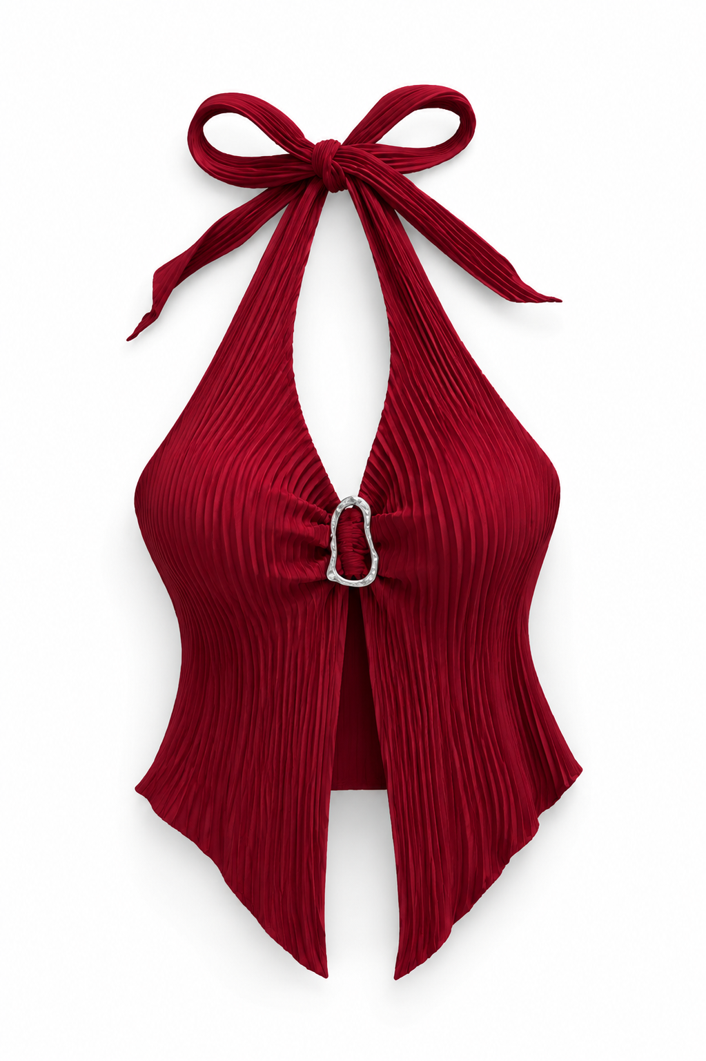 A deep red halter-neck top with a pleated texture, featuring a large bow at the neck and a silver-tone metal ring detail at the center front, shown against a plain white background.