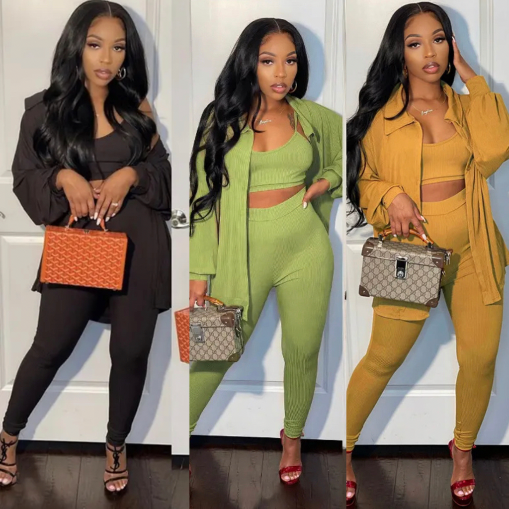 Three women in different outfits with handbags against a white background