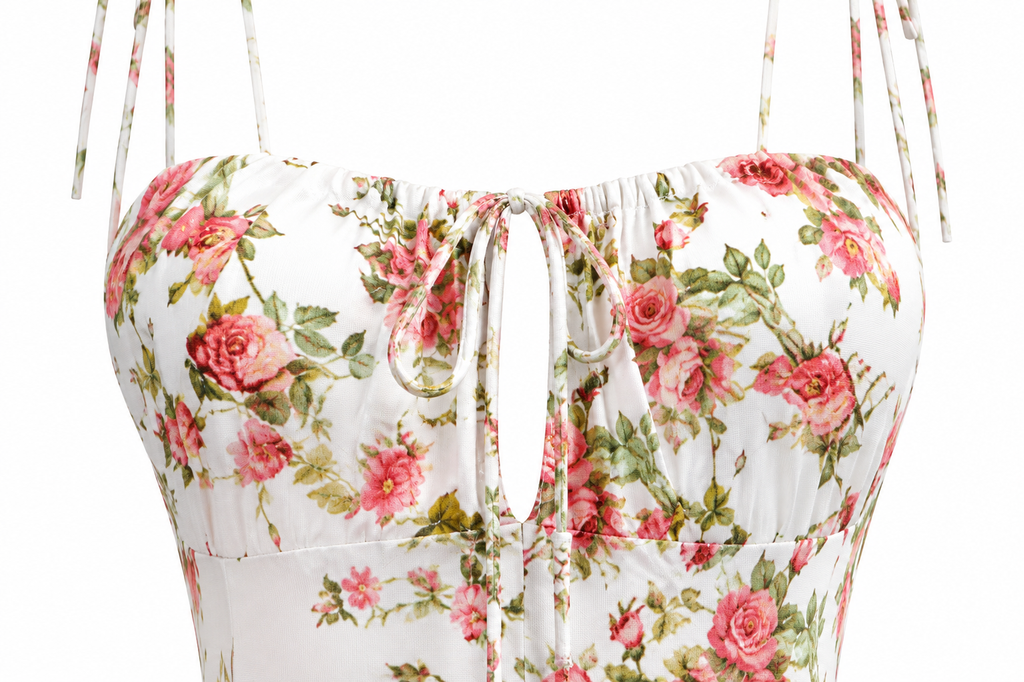 White strap top with a pink and green floral print, featuring a sweetheart neckline with a front tie closure.