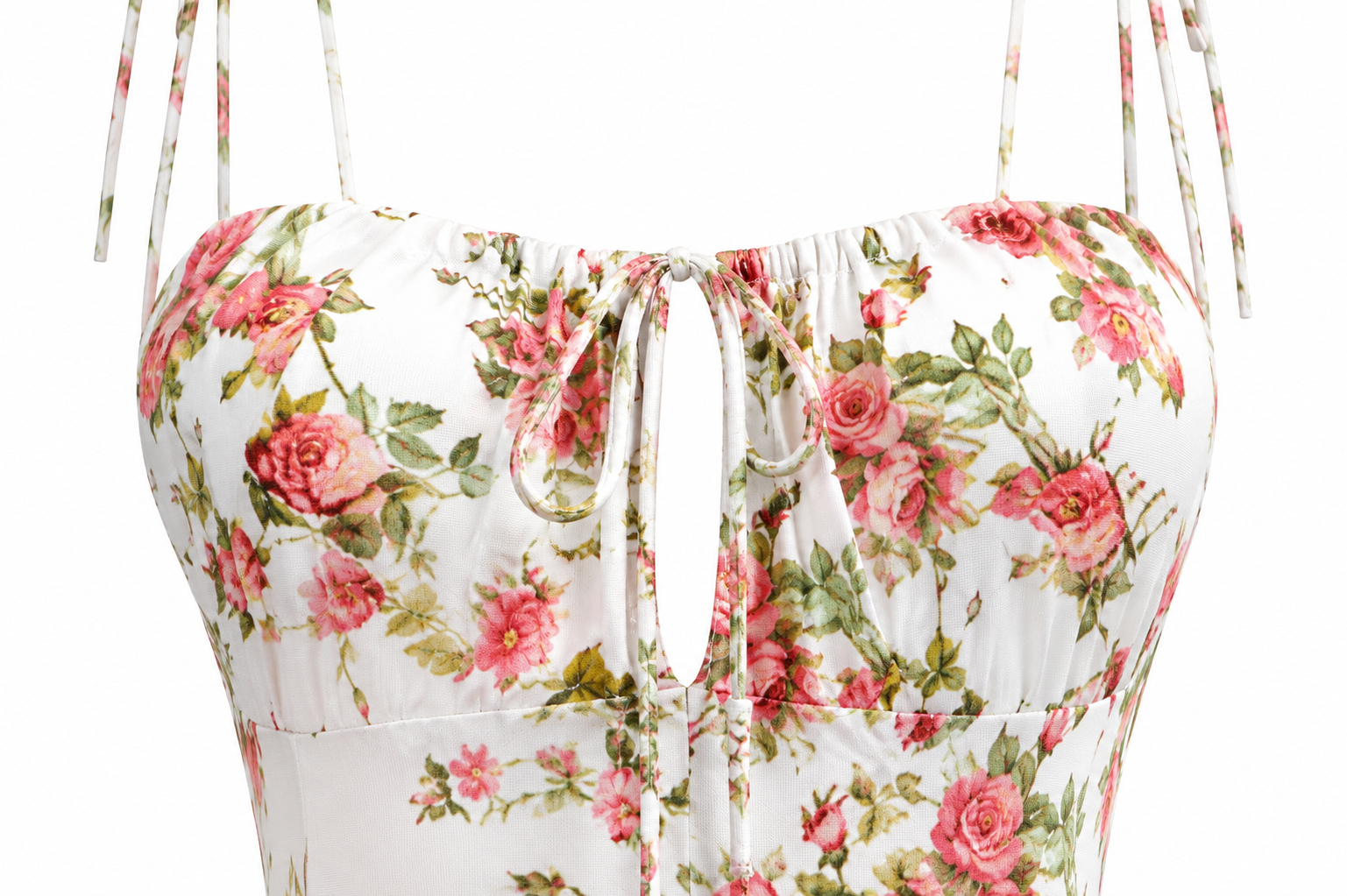 White strap top with a pink and green floral print, featuring a sweetheart neckline with a front tie closure.