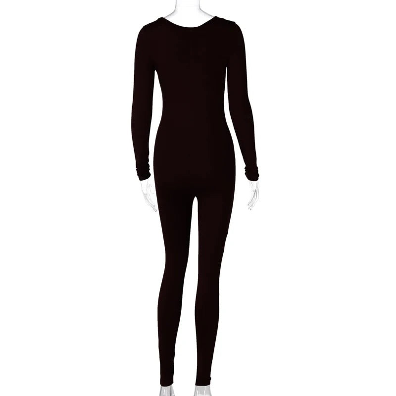 Black jumpsuit on a clear mannequin with a white background