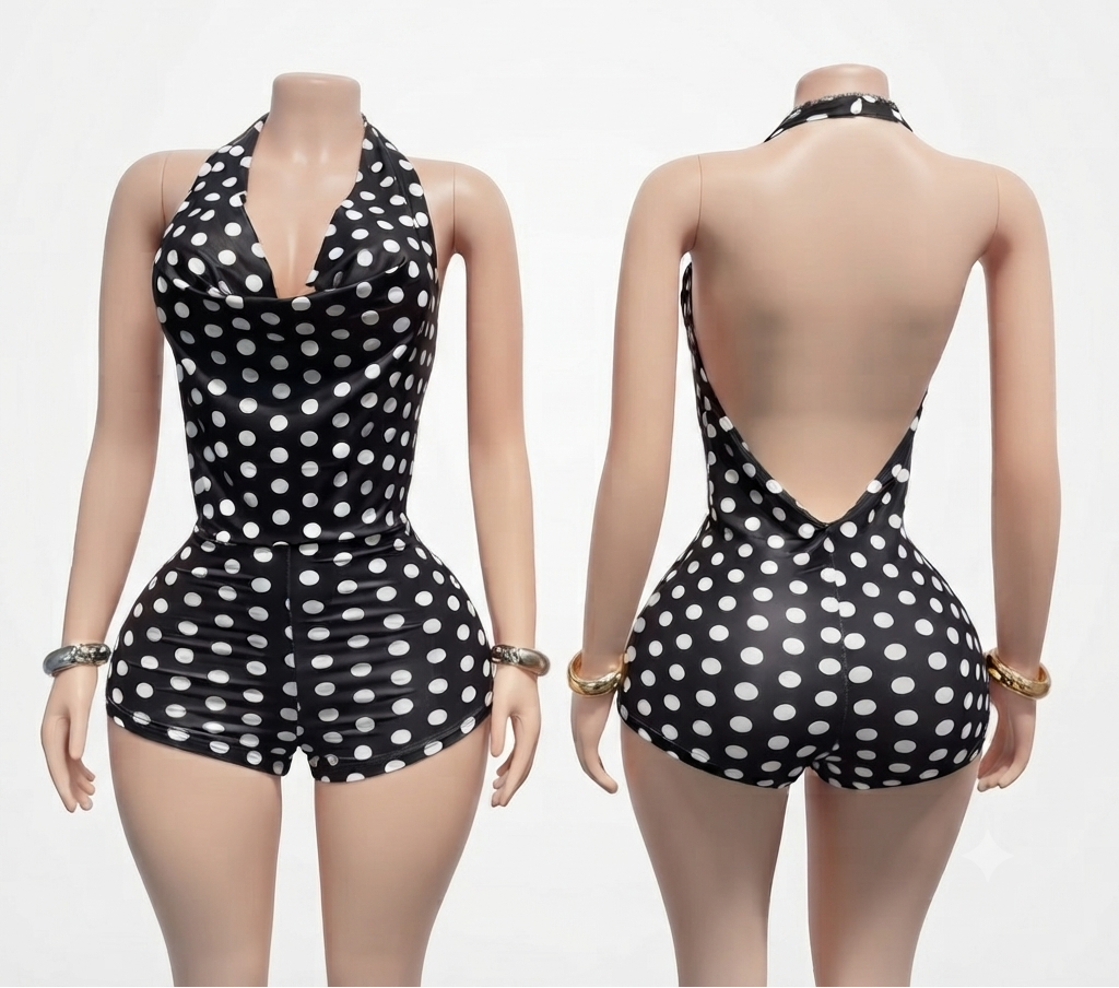 Black and white polka dot one-piece swimsuit shown on a mannequin from the front and back, featuring a halter neck, plunging neckline on the front, and an open back on the rear.