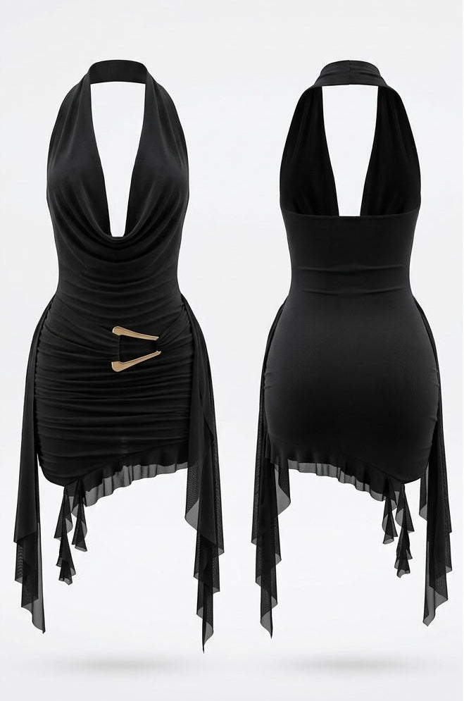 Black halter-neck mini dress shown from both front and back views, featuring a deep plunging neckline, ruched bodice, asymmetrical sheer draped side panels, and two gold-tone decorative accents on the front.